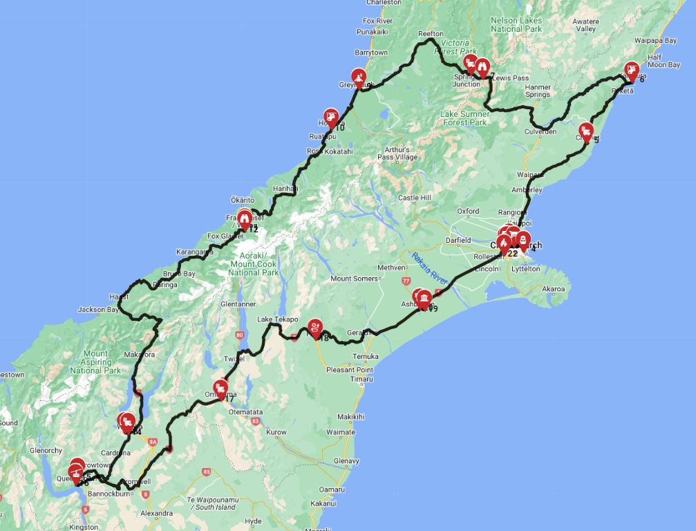 Map for Christchurch Roundtrip - Central of the South Island
